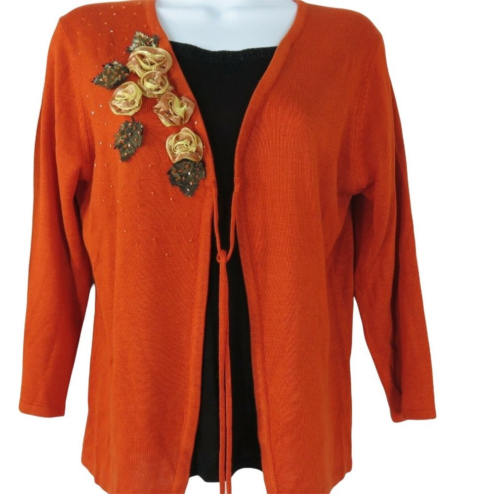 Vintage Attached Tank Cardigan Sweater Set S Orange Silk Beads Rosette Tie Front